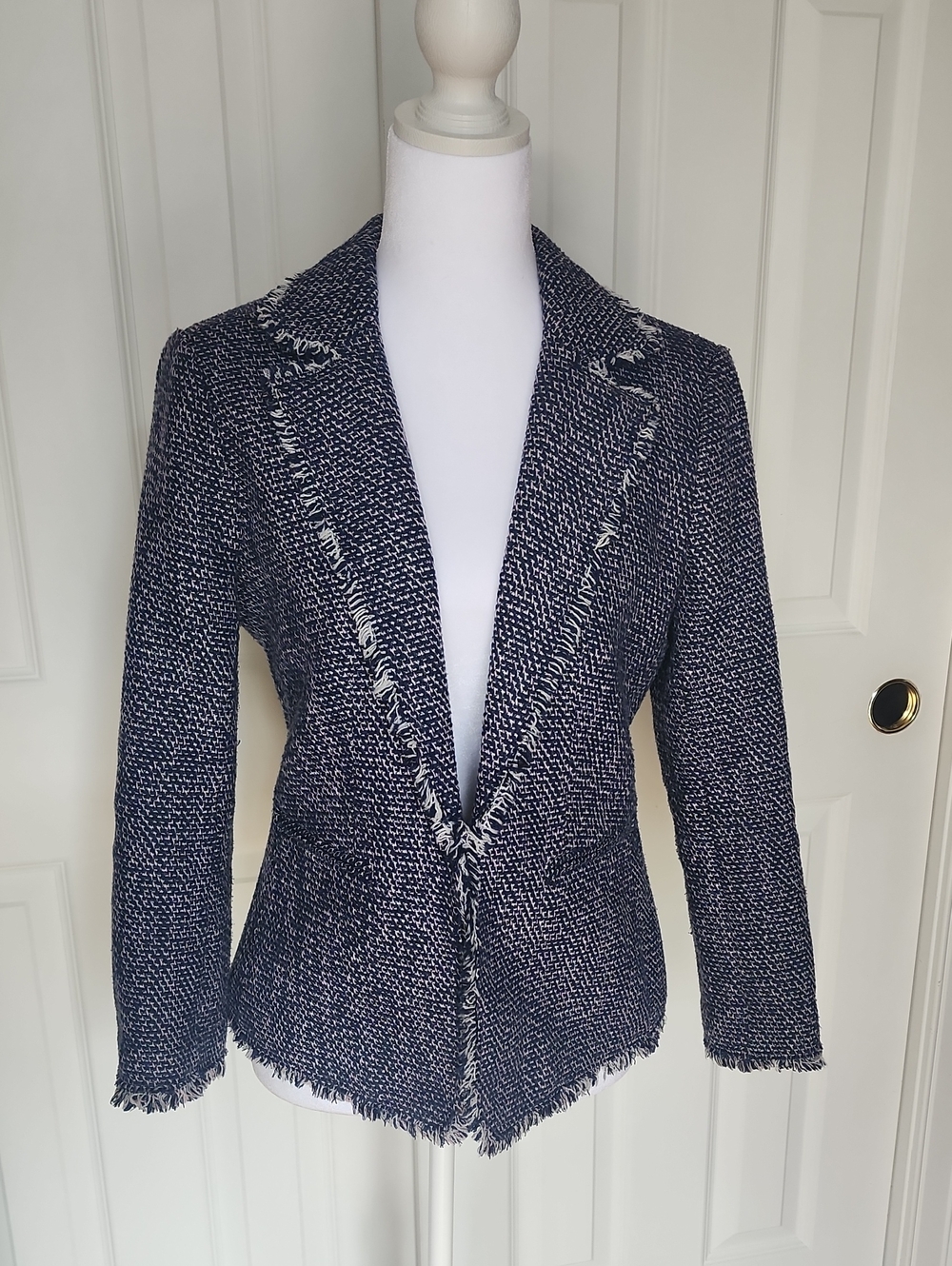 Ann Taylor Navy, Lilac, And White Tweed Frayed-Trim Blazer